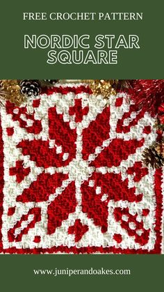 the free crochet pattern for nordic star square is shown in red and white