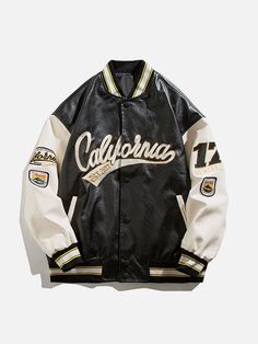 Aelfric Eden "California" PU Stitching Varsity Jacket Leather Baseball Jacket, Mode Hip Hop, Casual Leather Jacket, Pilot Jacket, Baseball Outfit, Racing Jacket