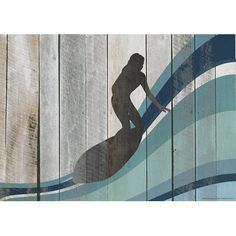 a painting of a person on a surfboard in front of a wooden wall with waves