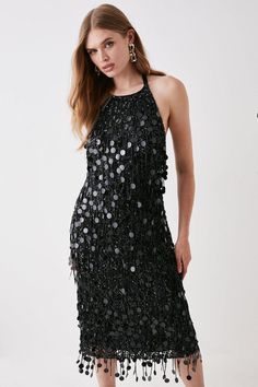 The dress to make a statement in✨🖤 🔍Disc Sequin Halterneck Midi Dress Shop here. #summer #dress #occasionwear Disc Sequin Dress, Sequin Dress Midi