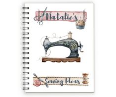 a spiral notebook with an illustration of sewing machines on the front and back cover that says, matale's sewing ideas