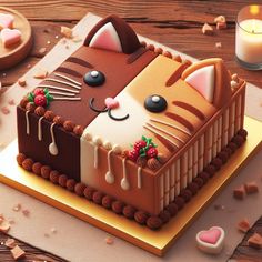 a cake with a cat design on it sitting on a table next to some candles