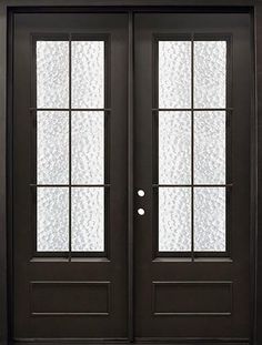 a black double door with two sidelights and glass panels on the top half of it