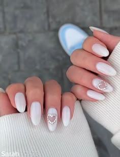 Charm Nails, Luv Nails, Acrylic Nails Almond Shape, Nail Extensions Acrylic, Nyc Nails, Heart Nail Designs, Fake Nails Designs, Milky Nails