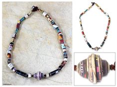 "A simple style for all occasions," says Akwele Suma of the design of this necklace. She crafts the colorful necklace by hand in a variety of colors that includes grey, cream, red, orange, purple, yellow green,blue, black and brown. Suma works with recycled paper, creating beads in different shapes and sizes that alternate with sese wood spacers. The artist uses the paper at hand so paper colors will vary, making each design a unique example of handcrafted art. These beads receive a protective c Make Paper Beads, Paper Beads Necklace, Paper Bead Jewelry, Colorful Necklace, Handcrafted Art, Paper Jewelry, Earring Crafts, Paper Beads, Colourful Necklace