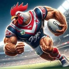 a rooster is running with a rugby ball in his hand and holding the ball up