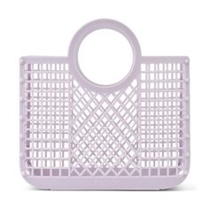 a white basket with a handle on the front and bottom, it is made out of plastic