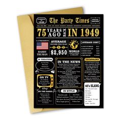 the party times poster is shown with information about its years in 1940 and present as an info sheet