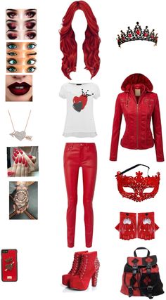 a red outfit and accessories are arranged in the shape of a collage with an apple on it