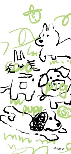 a drawing of dogs and cats on a white background with green writing in the bottom corner