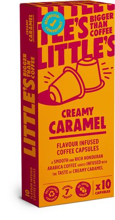 a box of creamy caramel coffee capsules on a white background with the title, it's little's little