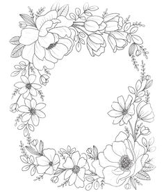 a floral wreath with flowers and leaves in the middle, drawn by hand on a white background