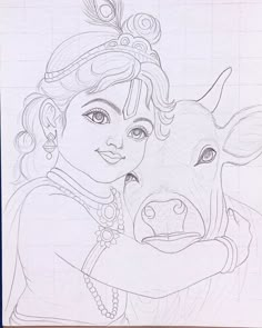 a drawing of a girl hugging a cow