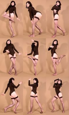 the woman is posing in different poses for her own photo shoot, she has no pants on