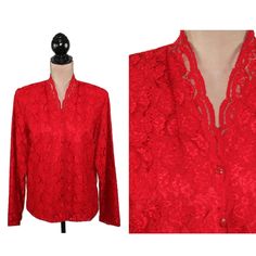 This lovely red lace blouse is a long sleeve button up and was made in Korea by Karen Scott. The blouse is collarless with a subtle scalloped edge. The blouse has a casual fit and shoulder pads (easily removed). The top is in new with tags attached condition. Hand wash, dry flat. Marked petite large ~ MEASUREMENTS compare to SIZE - Large Between shoulder seams ~ 16-1/2 inches Sleeve length ~ 24 inches Armpit to armpit ~ 21 inches * Bust up to 42 inches Waist ~ 39-3/4 inches Length from top of sh 1980s Clothes, Red Lace Blouse, Women Lace Blouse, Clothes Women, Karen Scott, Hippie Outfits, Dressy Tops, Casual Fit, Women Vintage