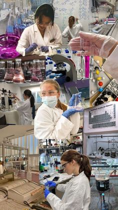 a collage of people in lab coats and masks working on various items, including microscopes