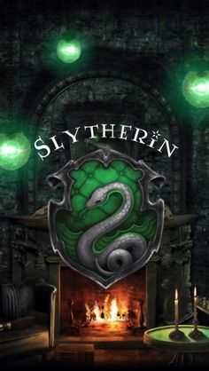 the slytherin logo over a fireplace with green lights