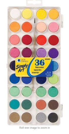 the simply art watercolor paint set is shown in its plastic case and contains 32 different colors