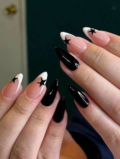 Black And White Simple Nail Designs, Almond White French Tip, White French Tip Acrylic Nails, White French Tip Acrylic, Nails Long Almond, Nails Star, Bare Nails, Nail Goals