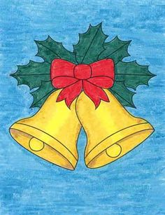 a drawing of two bells with holly leaves and a red bow on it's head