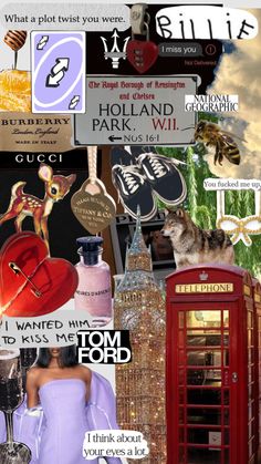 a collage of different things including a phone booth