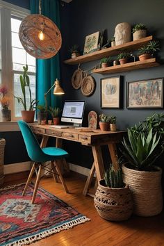 a home office with plants and pictures on the wall