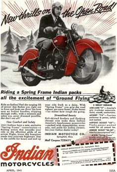 Motorcycle Advertising, Indian Cycle, Vintage Indian Motorcycles, Spring Frame, Indian Legends, Motorcycle Artwork, Indian Motorcycles