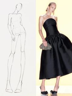 a woman in a black dress next to a drawing of a female model wearing high heels