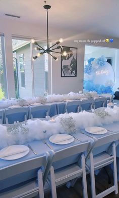 a room filled with blue and white tables covered in fluffy clouds