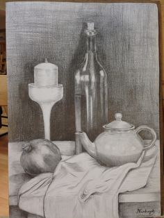 a drawing of a still life with a teapot, candle and an apple on a table