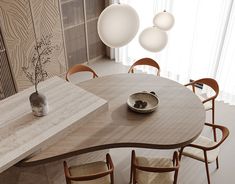 a wooden table with chairs around it and a vase sitting on top of the table