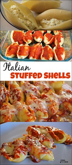 italian stuffed shells with cheese and sauces on the top, in different stages of cooking