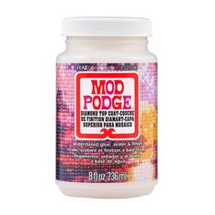 a jar of mod podge paint on a white background