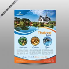 a blue and orange brochure with images of different things in the background, including water