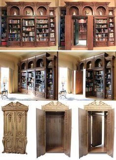 four different views of bookshelves with doors open and the shelves in front are made out of wood