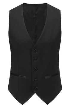 Bring understated elegance to the table in this three-piece tuxedo crafted from rich fabric in a classic single-breasted silhouette. Jacket has shawl collar; chest welt pocket; front welt pockets Vest has front button closure; V-neck Pants have zip fly with button closure; front slant pockets; back button-welt pockets Jacket and vest are lined; trousers are lined to the knee 65% polyester, 35% viscose Dry clean Imported Each suit has a 6” drop, meaning that a size 38R jacket is paired with size Single Breasted Fitted Satin Blazer, Fitted Single Breasted Satin Blazer, Elegant Fitted Tuxedo For Black Tie Events, Elegant Slim Fit Three-piece Suit, Elegant Black Three-piece Suit With Hidden Buttons, Elegant Semi-formal Vest With Hidden Button Closure, Elegant Black Three-piece Suit, Elegant Semi-formal Vest, Fitted Sets With Hidden Button Closure For Semi-formal Occasions