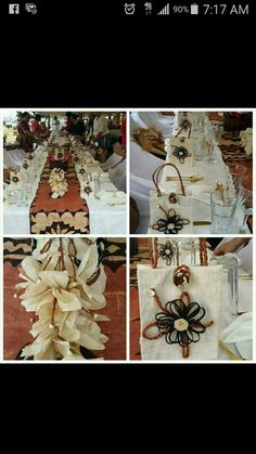 the table is decorated with white and brown ribbons