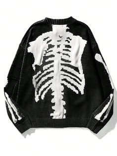 Men's Plus Crew Neck Long Sleeve Bone Pattern Simple Knit Sweater, Casual Daily Black Street  Long Sleeve Knitwear Colorblock,Halloween Pullovers High Stretch  Men Plus Size Clothing, size features are:Bust: ,Length: ,Sleeve Length: Halloween Long Sleeve Streetwear Sweater, Spooky Black Long Sleeve Sweater, Spooky Long Sleeve Black Sweater, Black Cotton Halloween Sweater, Black Gothic Sweater For Halloween, Gothic Crew Neck Sweater For Winter, Gothic Crew Neck Winter Sweater, Black Gothic Sweater For Streetwear, Casual Black Halloween Sweater