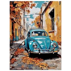 Blue Vw Beetle, Vintage Blue Car, Cobblestone Street, Vw Art, Digital Art Poster, Blue Beetle, Blue Car, Watercolor Art Lessons