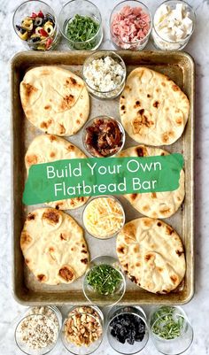 flatbreads and toppings on a sheet pan. Flatbread Pizza Bar, Party Flatbreads, Flatbread Appetizers Parties, Flatbread Pizza Party, Make Your Own Flatbread Pizza, Flatbread Appetizer Recipes, Naan Pizza Topping Ideas, Fruit Flatbread, Flatbread Party