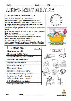 the jane's daily routine worksheet is shown with pictures and words on it