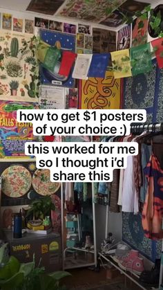 a room filled with lots of posters and pictures on the wall above it is an ironing board that says how to get $ 1 posters out of your choice this worked for me so i thought i'd