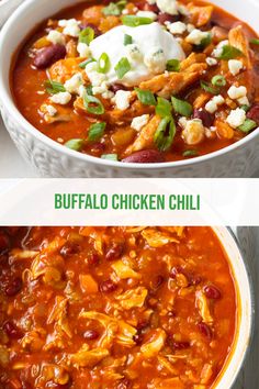 two bowls of buffalo chicken chili with sour cream on top and another bowl full of soup in the background