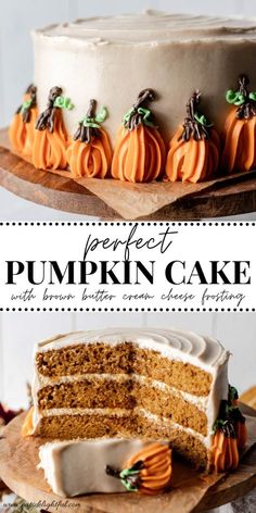 pumpkin cake with white frosting and green leaves on the top, next to a slice cut out of it