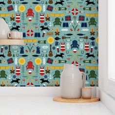 the wallpaper is very colorful and has many different things on it's surface