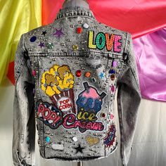 One Of A Kind Embellished Denim Jacket  Ask For Wholesale Prices -Denim  -Studs -Rhinestones  -3D Embellisment -Mandala Bling Denim Jacket, Applique Denim Jacket, Funky Denim Jackets, Trendy Patched Denim Jacket, Festival Denim Jacket With Patches, Rainbow Denim Jacket, Sequence Jacket, Bling Denim, Unicorn Denim Jacket