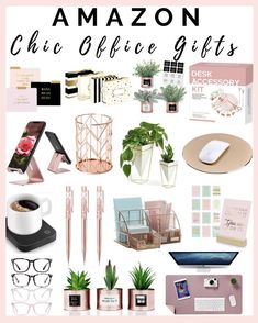 a collage of office items with the words chic office gifts on it and pink background