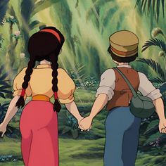 two people walking in the jungle with trees and plants behind them, one holding hands