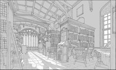 a drawing of a library with many bookshelves and chairs on the floor in front of windows