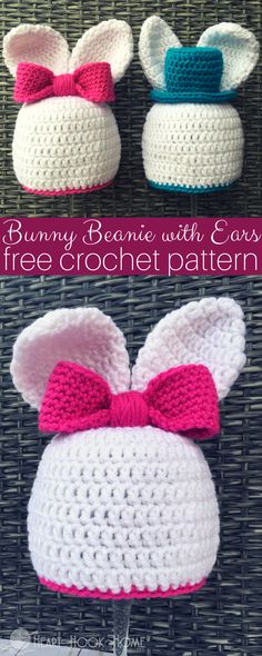 crocheted bunny bonnets with ears and a bow